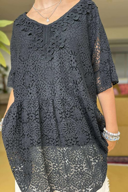 Made in Italy Love Shack Boho Smock Top Black 